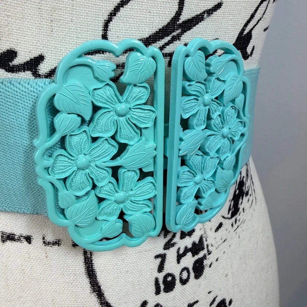 90's Elastic Cinch Belt Women Teal Floral Buckle Retro Stretchy Waist Plastic